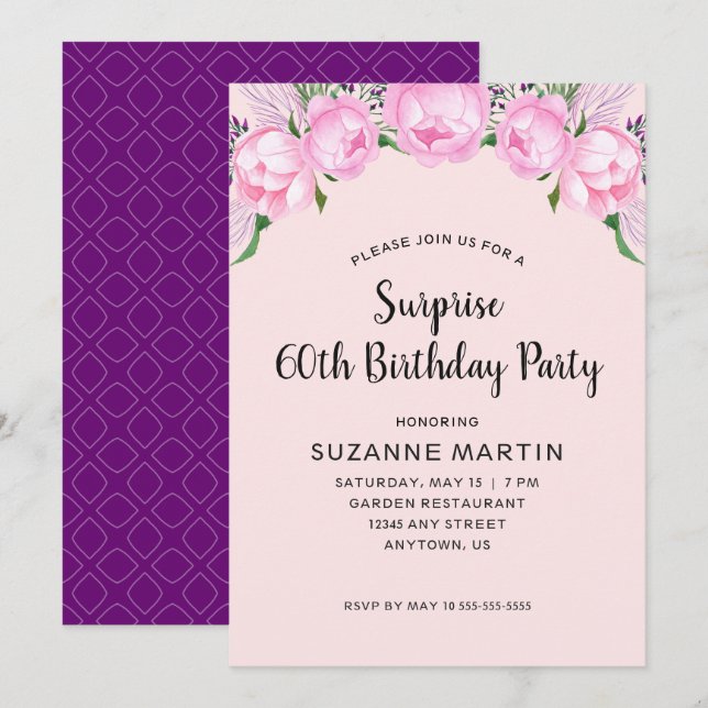 Surprise 60th Birthday Party Pink Peonies Invitation (Front/Back)