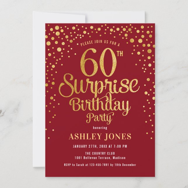 Surprise 60th Birthday Party - Red & Gold Invitation (Front)
