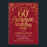 Surprise 60th Birthday Party - Red & Gold Invitation<br><div class="desc">Surprise 60th Birthday Party Invitation.
Elegant design in dark red and faux glitter gold. Features stylish script font and confetti. Message me if you need custom age.</div>