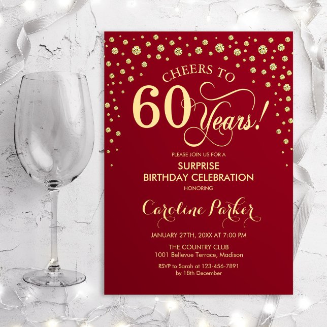 Surprise 60th Birthday Party - Red Gold Invitation (Creator Uploaded)