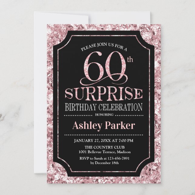 Surprise 60th Birthday Party - Rose Gold Black Invitation (Front)