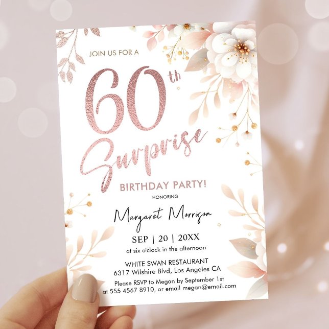 Surprise 60th Birthday Party Rose Gold Girl Floral Invitation (Creator Uploaded)