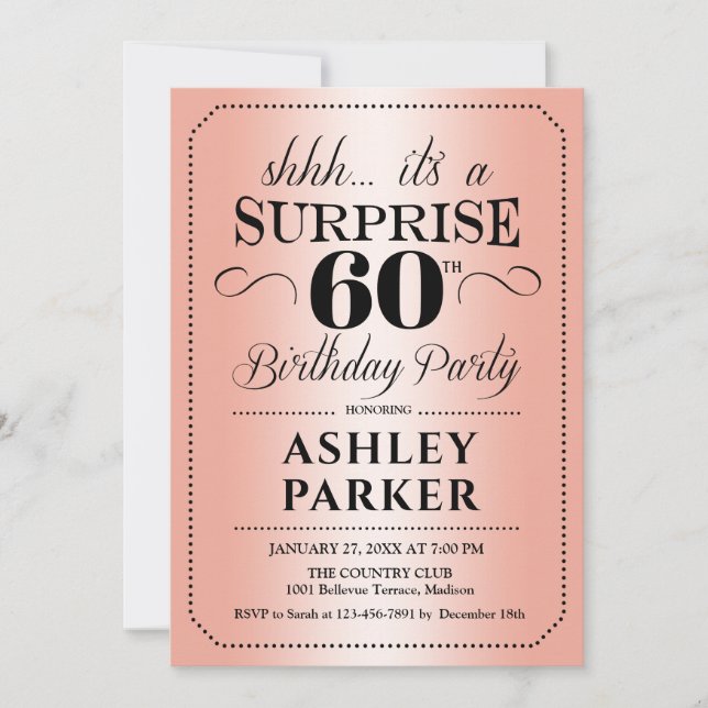 Surprise 60th Birthday Party - Rose Gold Invitation (Front)