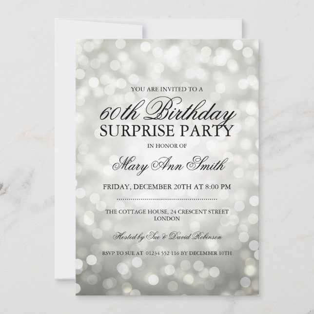 Surprise 60th Birthday Party Silver Glitter Lights Invitation (Front)
