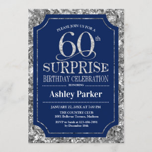 Surprise 60th Birthday Party - Silver Navy Blue Invitation