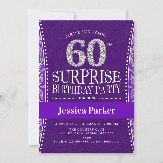 Surprise 60th Birthday Party - Silver Purple Invitation (Front)