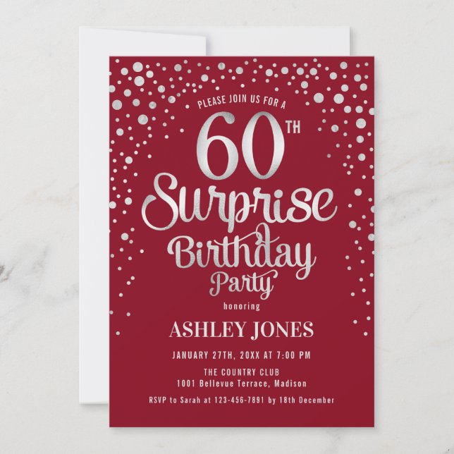 Surprise 60th Birthday Party - Silver & Red Invitation (Front)