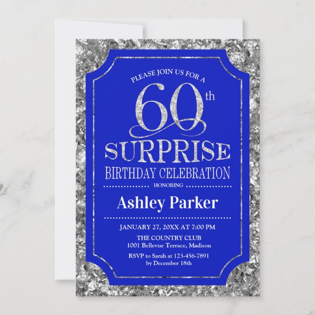 Surprise 60th Birthday Party - Silver Royal Blue Invitation (Front)