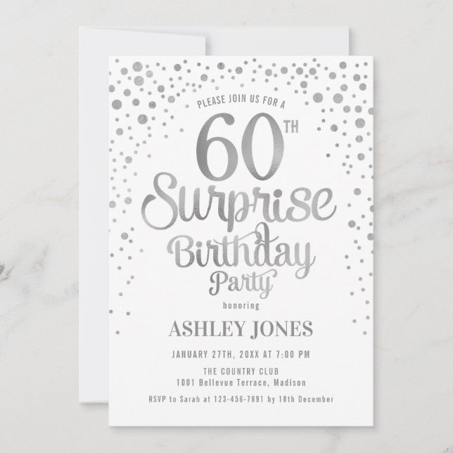 Surprise 60th Birthday Party - Silver & White Invitation (Front)