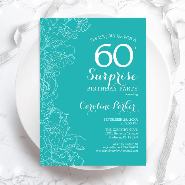 Surprise 60th Birthday Party - Turquoise Floral Invitation (Creator Uploaded)