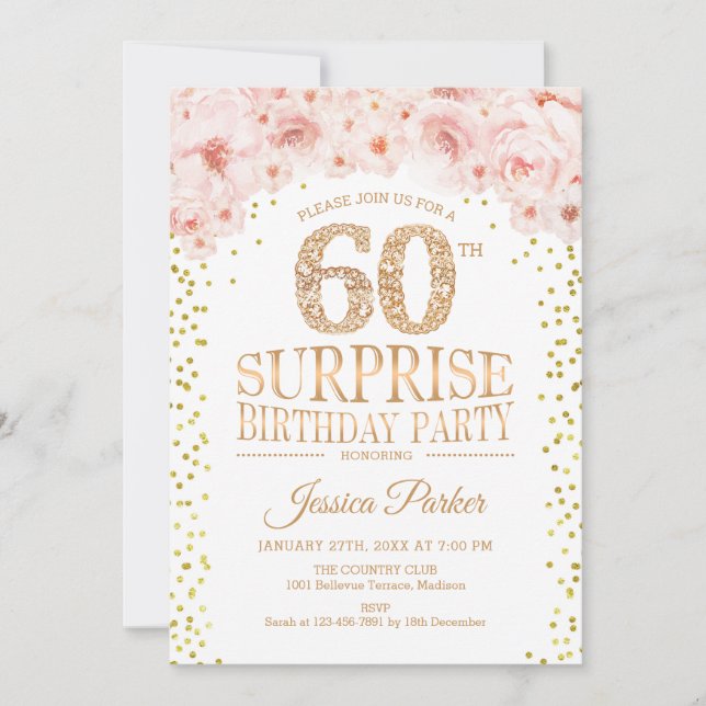 Surprise 60th Birthday Party - White Gold Pink Invitation (Front)
