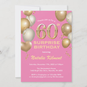Surprise 60th Birthday Pink and Gold Balloons Invitation