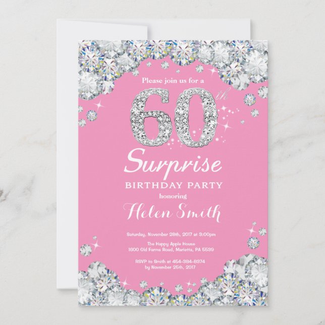 Surprise 60th Birthday Pink and Silver Diamond Invitation (Front)