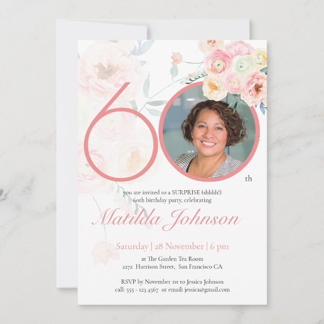 Surprise 60th Birthday Pink Floral Custom Photo Invitation (Front)