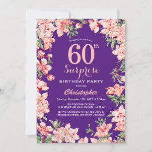 Surprise 60th Birthday Pink Floral Flowers Purple Invitation