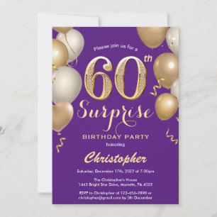 Surprise 60th Birthday Purple and Gold Balloons Invitation