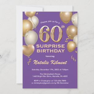 Surprise 60th Birthday Purple and Gold Balloons Invitation