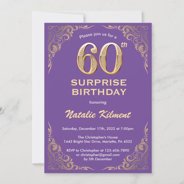 Surprise 60th Birthday Purple and Gold Glitter Invitation (Front)