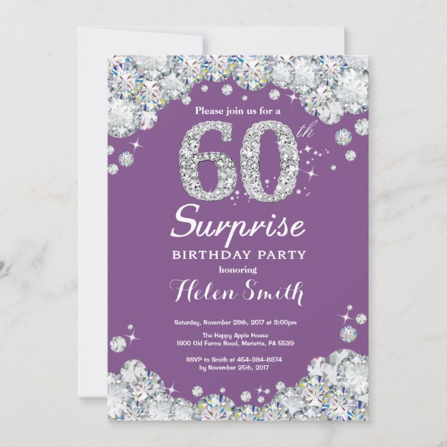Surprise 60th Birthday Purple and Silver Diamond Invitation (Front)