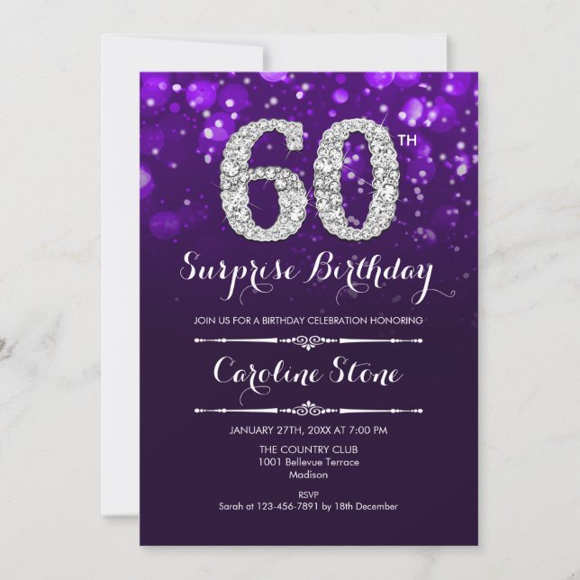 Surprise 60th Birthday - Purple Silver Invitation (Front)