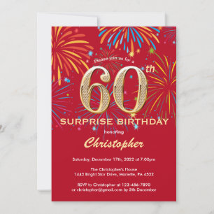 Surprise 60th Birthday Red & Gold Rainbow Firework Invitation