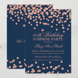 Surprise 60th Birthday Rose Gold Glitter Navy Blue Invitation