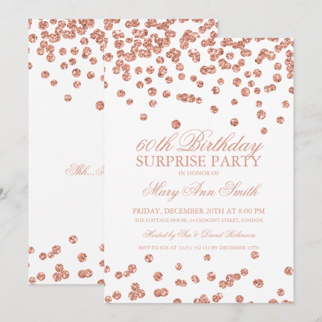 Surprise 60th Birthday Rose Gold Glitter White Invitation (Front/Back)