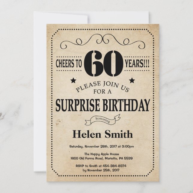 Surprise 60th Birthday Rustic Vintage Retro Invitation (Front)