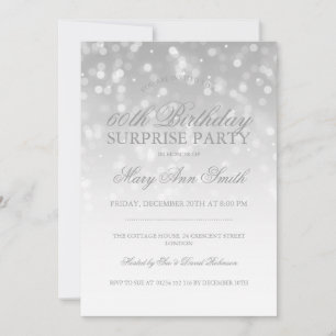 Surprise 60th Birthday Silver Bokeh Sparkle Lights Invitation