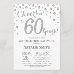 Surprise 60th Birthday Silver Glitter Diamond Invitation