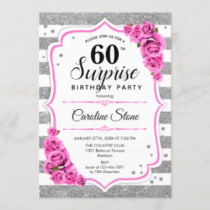 Surprise 60th Birthday - Silver White Pink Invitation