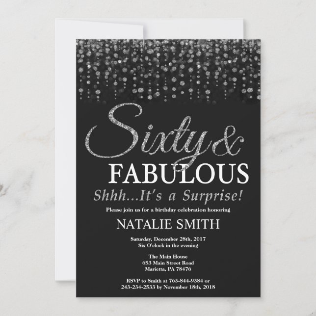 Surprise 60th Birthday Sixty and Fabulous Silver Invitation (Front)
