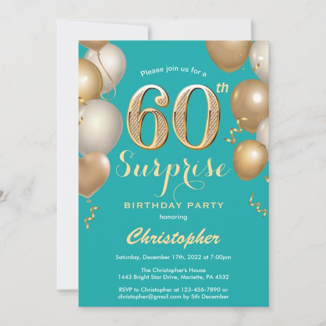 Surprise 60th Birthday Teal and Gold Balloons Invitation (Front)