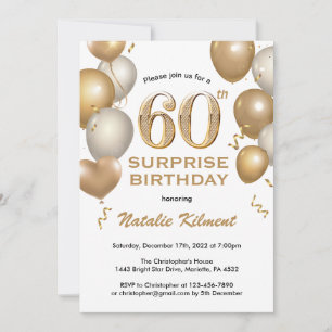 Surprise 60th Birthday White and Gold Balloons Invitation