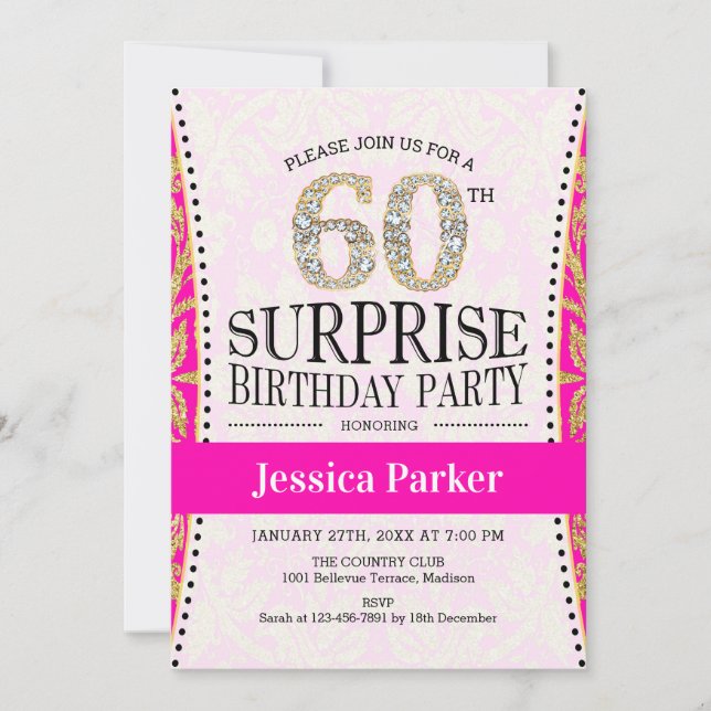 Surprise 60th Birthday - White Gold Pink Invitation (Front)