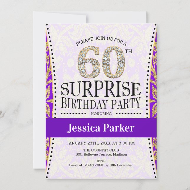 Surprise 60th Birthday - White Gold Purple Invitation (Front)
