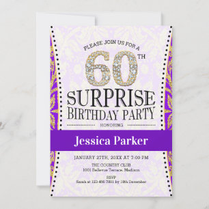 Surprise 60th Birthday - White Gold Purple Invitation