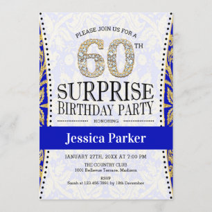 Surprise 60th Birthday - White Gold Royal Blue Invitation