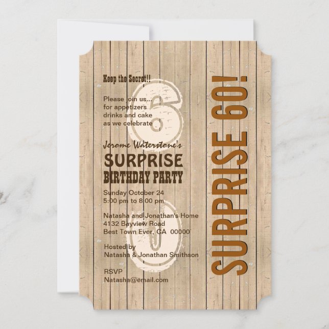 SURPRISE 60th Modern Birthday Distressed Wood A06 Invitation (Front)