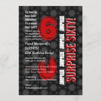 SURPRISE 60th Modern Birthday Red Black Circles Invitation