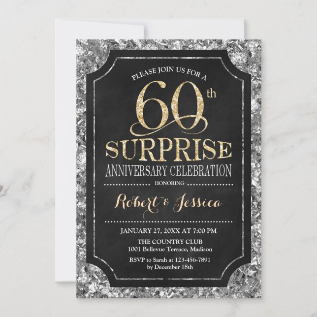 Surprise 60th Wedding Anniversary - Silver Gold Invitation (Front)