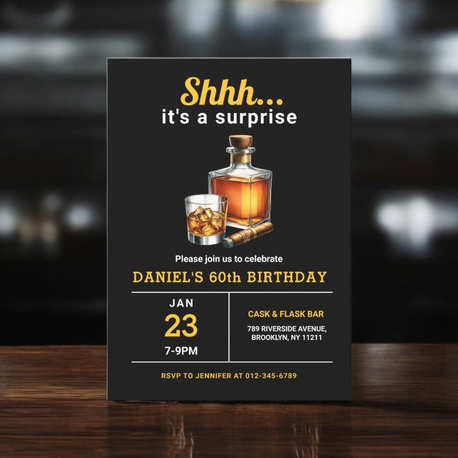 Surprise 60th Whiskey Cigar Bourbon Birthday Party Invitation (Creator Uploaded)