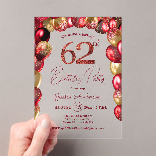 Surprise 62nd Birthday Party Gold Burgundy Glitter Acrylic Invitations