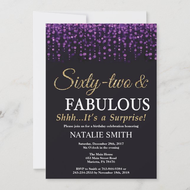 Surprise 62nd Birthday Purple and Gold Glitter Invitation (Front)