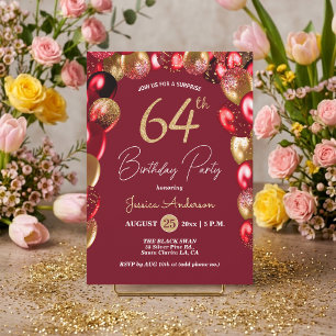 Surprise 64th Birthday Party Gold Burgundy Glitter Invitation