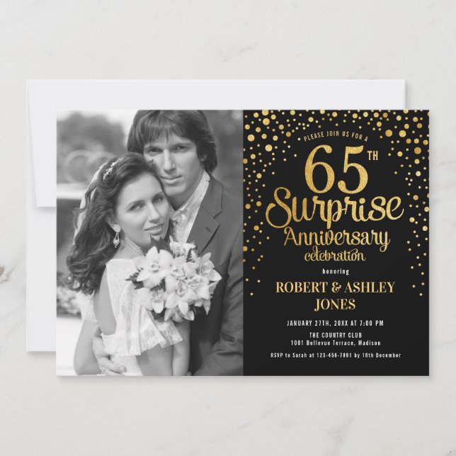 Surprise 65th Anniversary with Photo - Black Gold Invitation (Front)
