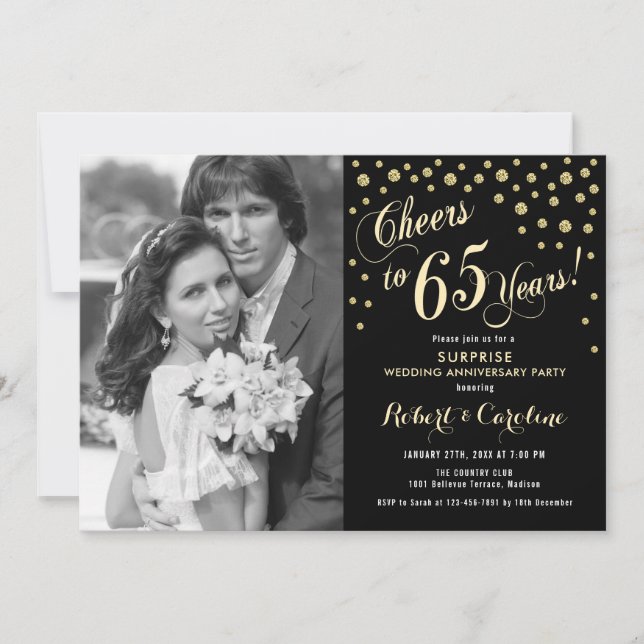 Surprise 65th Anniversary with Photo - Gold Black Invitation (Front)