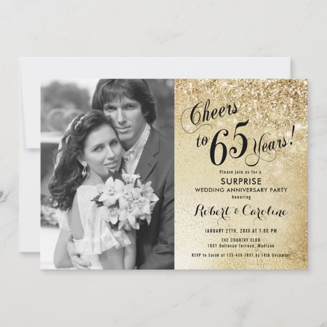 Surprise 65th Anniversary with Photo - Gold Invitation (Front)