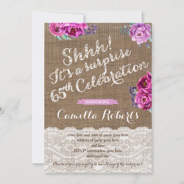Surprise 65th Birthday Party Invite Cards, Woman (Front)