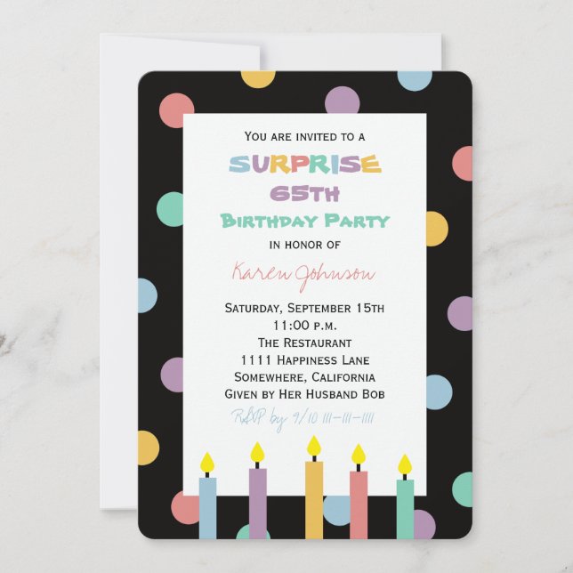 Surprise 65th Birthday Party Pretty Candles Invitation (Front)